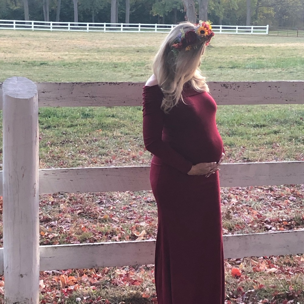 Glampunch Off Shoulder Maternity Dress Fall Photoshoot Mermaid Ruched Gown Sz S - Picture 5 of 11